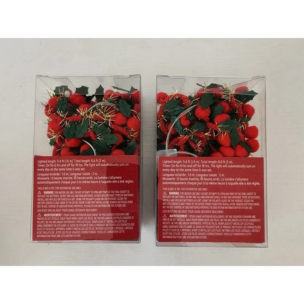 Lot (2) Ashland Christmas Berry Garland String Lights 5.4 Ft LED Battery Timer